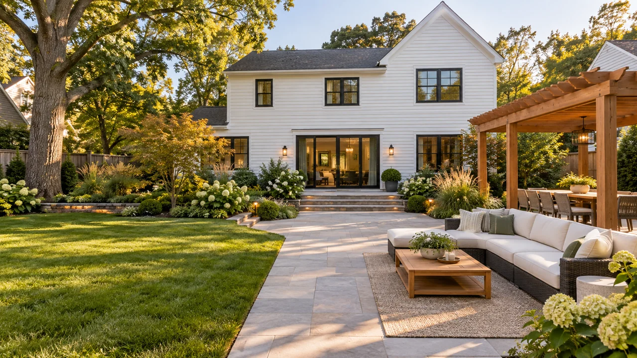 Illustrative after: the white house and tree with completed planting, stone patio and timber pergola