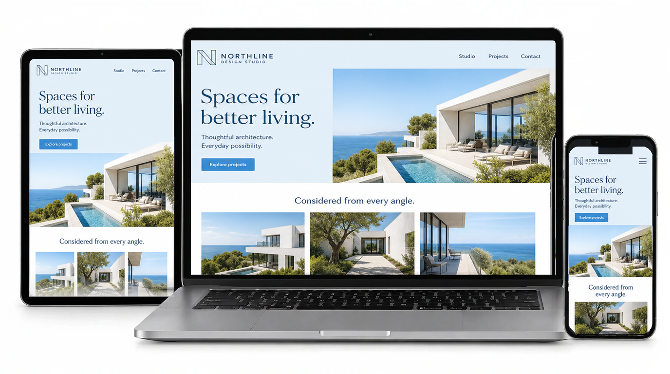 Laptop, tablet and phone showing the same fictional NORTHLINE architecture website in sky blue and white, featuring a modern coastal villa with a pool.